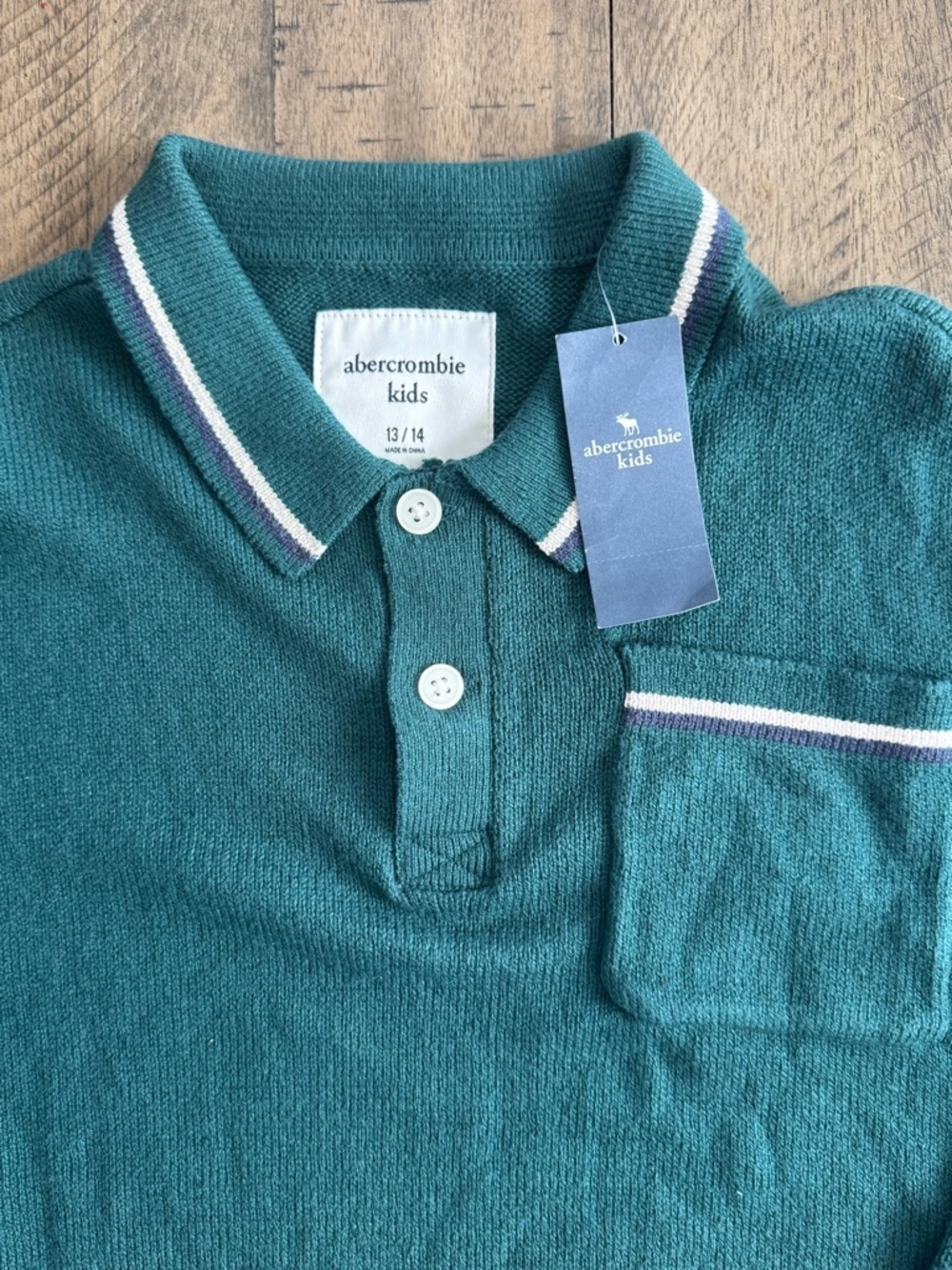 abercrombie kids teal long sleeve knit polo with contrast trim - Picture 6 of 9